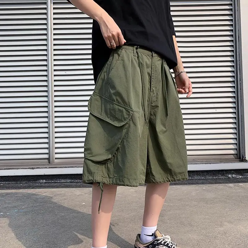 Men Cargo Drawstring Side Pocket Vintage Retro Shorts Ins Chic Amy Green Khaki Dance Ulzzang Harajuku Yamamoto Style Shorts