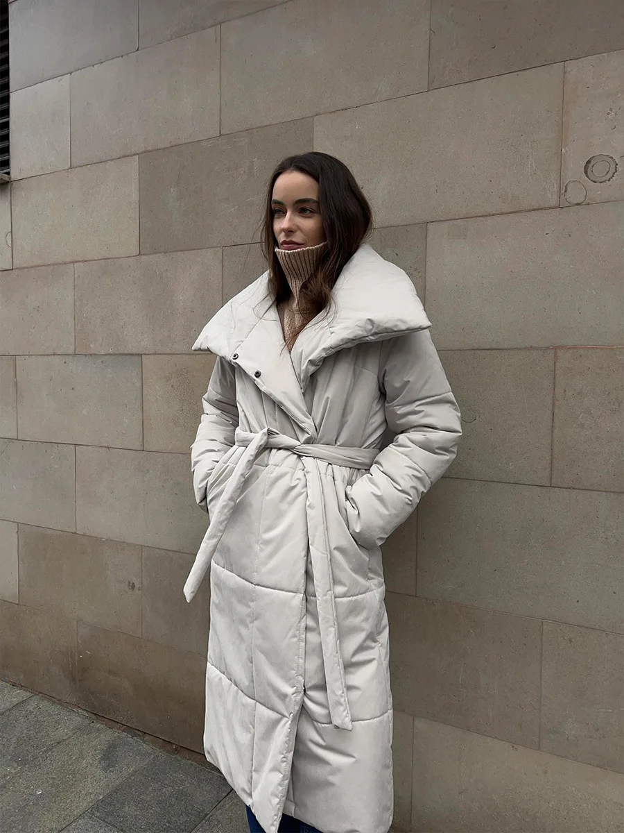 Winter Female Parkas Outwear Loose Lace-Up High Waist Long Sleeve Pocket Lapel Bandage Coat For Women Solid Parkas