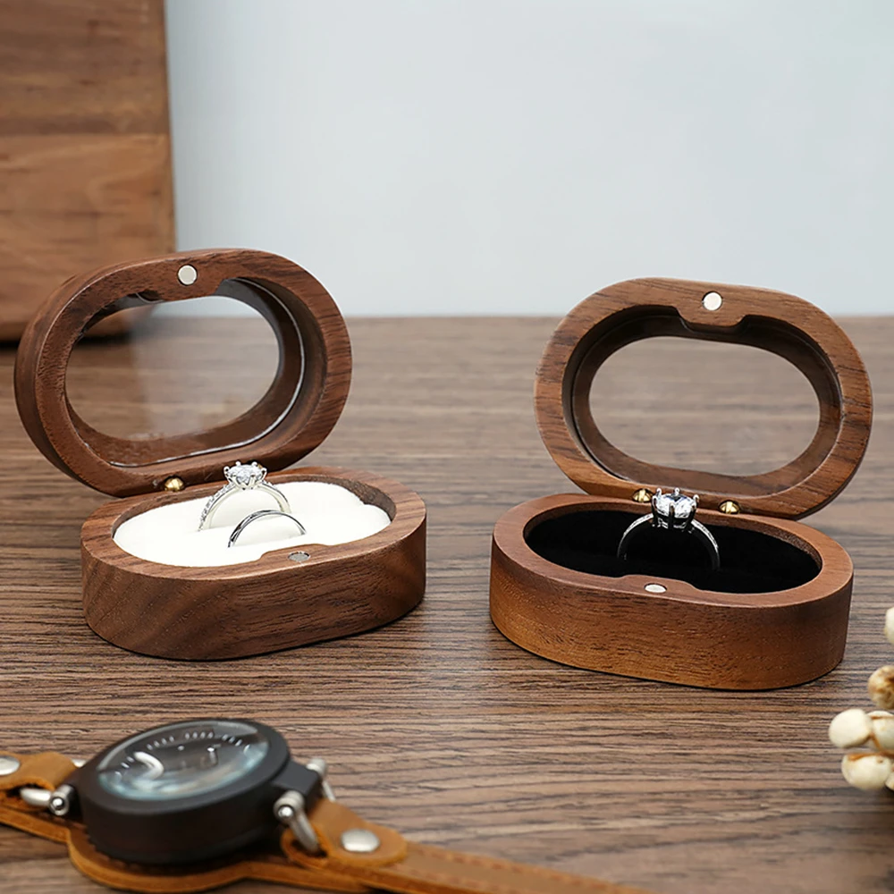 Handmade Walnut Wood Ring Box with Transparent Lid Romantic Engagement Jewelry Case for Couple Custom Engraved Personalized Name