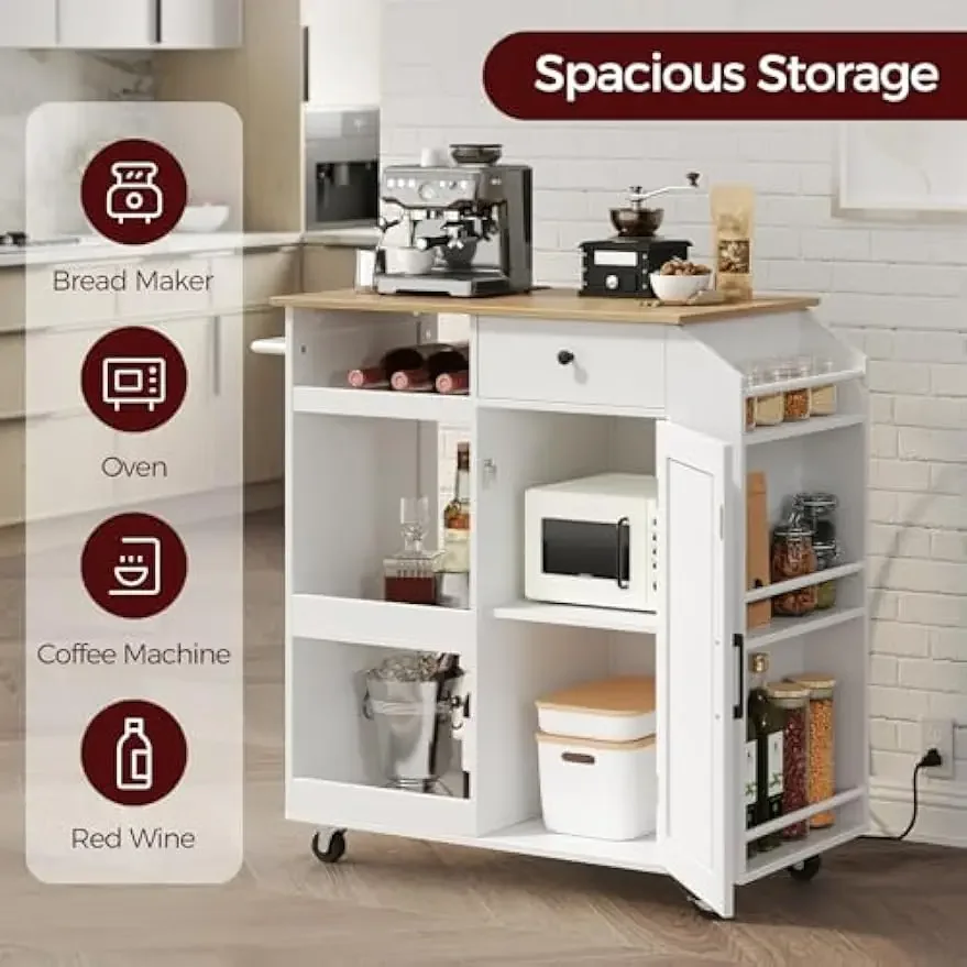 Nordic Kitchen Island with Power Outlet, Storage with Drawer, Spice, Towel, Wine Rack, Rolling Cart