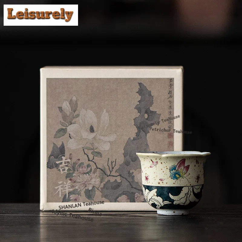 50ML Caramel Glaze Butterfly Lily Flower Mouth Teacup Elegant Tea Bowl Cute Cup Tea-tasting Meditation Cup Chazhan Master Cups