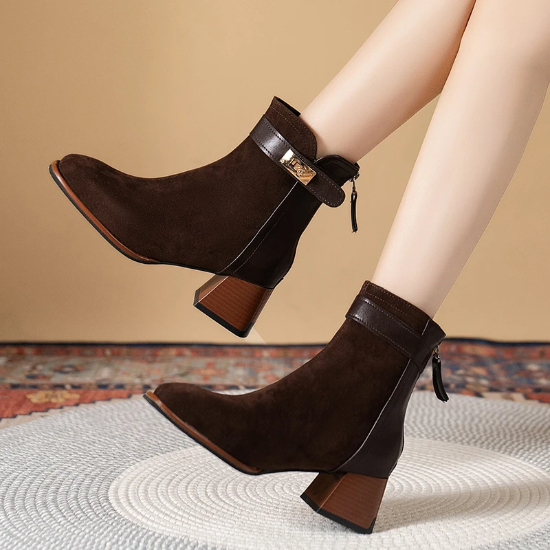 

2023 Women's Cashmere Leather Panel Booties Women's Winter Mature Women's Boots Solid Color Modern Boots Elegant High Quality