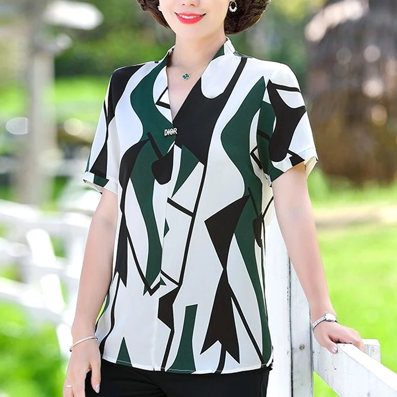 

Dignified Comfortable V-neck Casual Loose T-Shirts Pullovers Geometric Short Sleeve Printing Elegant Fashion Women's Clothing