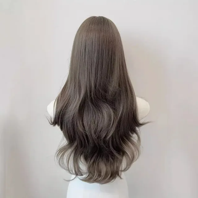 Gray brown neat bangs large wave synthetic wig | high quality soft hair natural headgear | suitable for daily wear 3