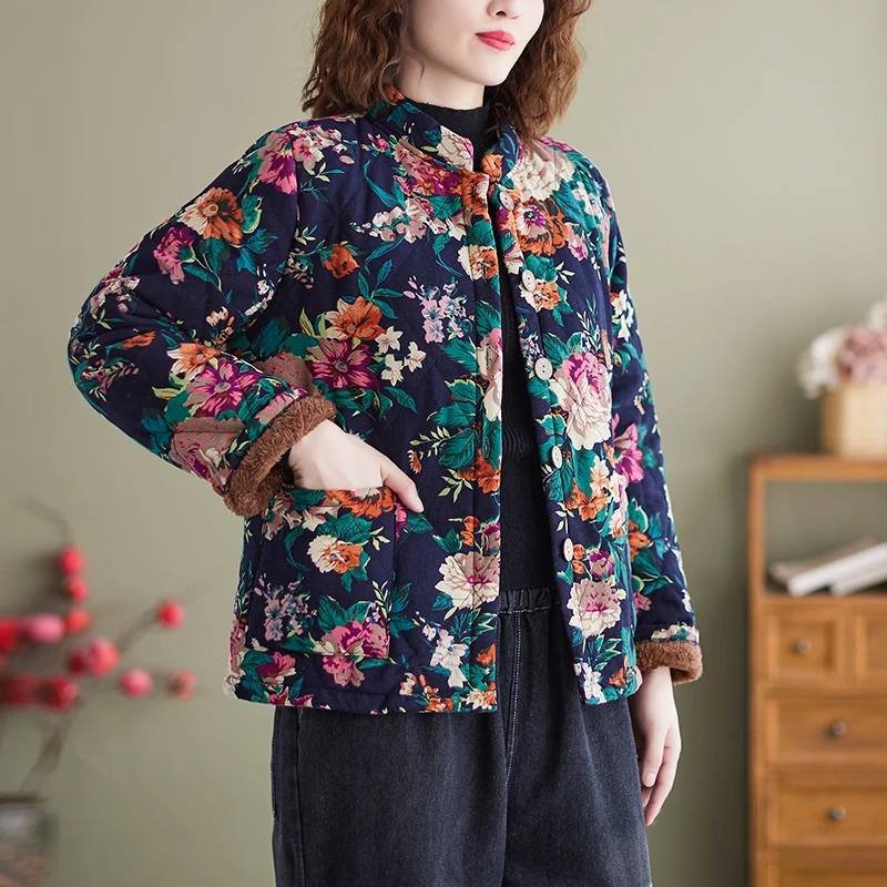 Winter Cotton Ladies Jacket Coat Ethnic Style Long Sleeve Vintage Single Breasted Women Casual Loose Floral Print Outerwear 2025