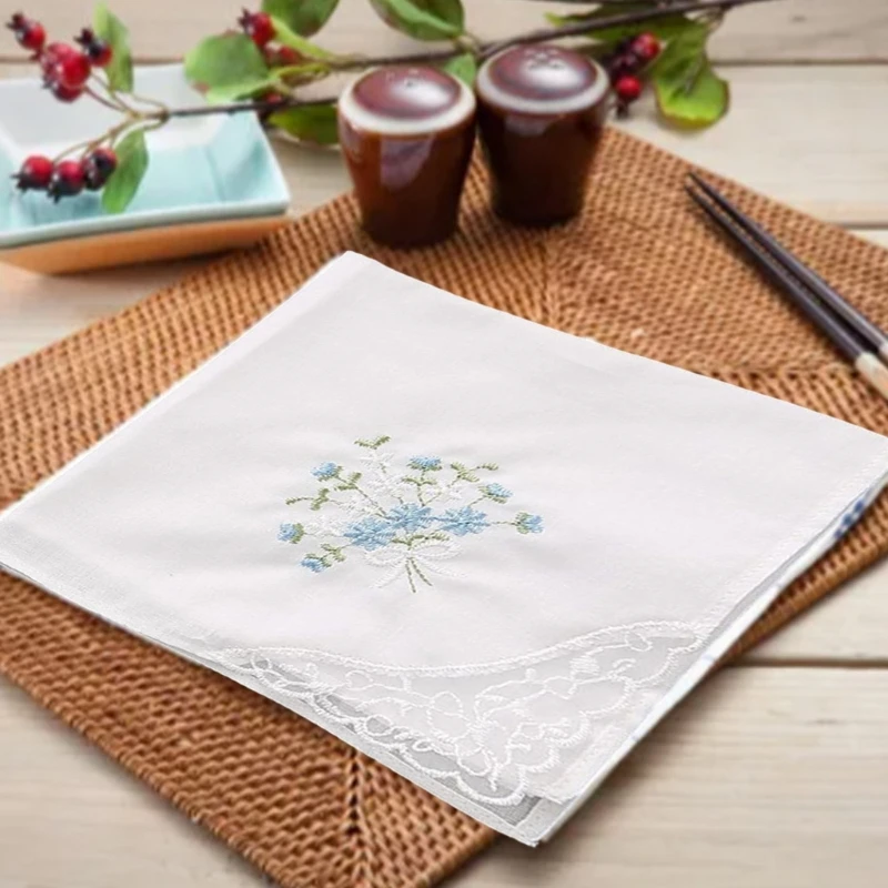 

Cotton Ladies Handkerchiefs Vintage Floral Style Lace Edging Wedding Party Embroidery Women Girls Flower Hanky Drop Shipping