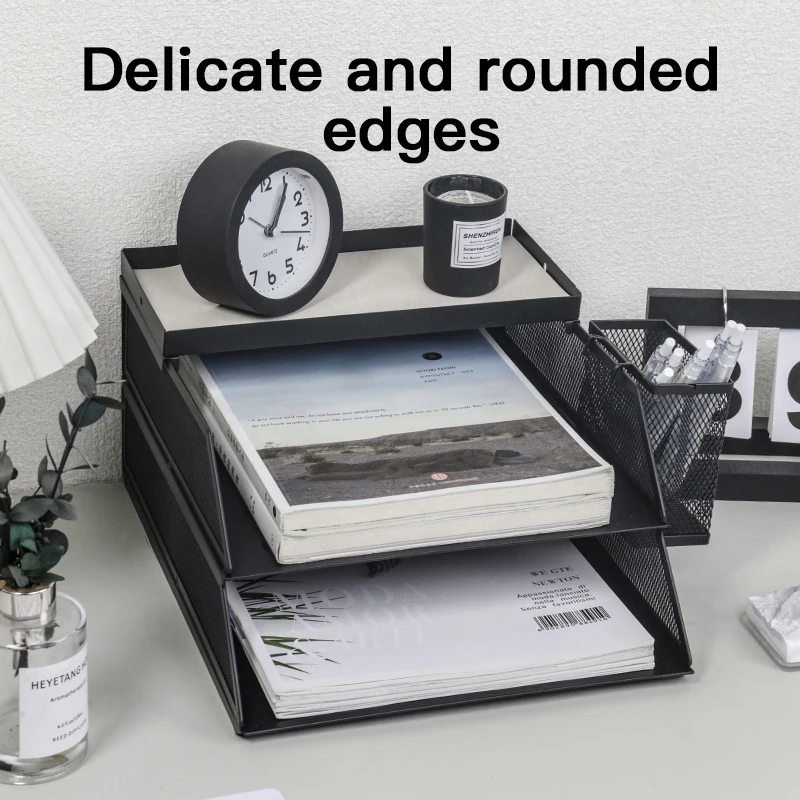 Desk paper tray, paper tray with hanging pen holder, top storage tray with leather pad, metal stackable desktop organize