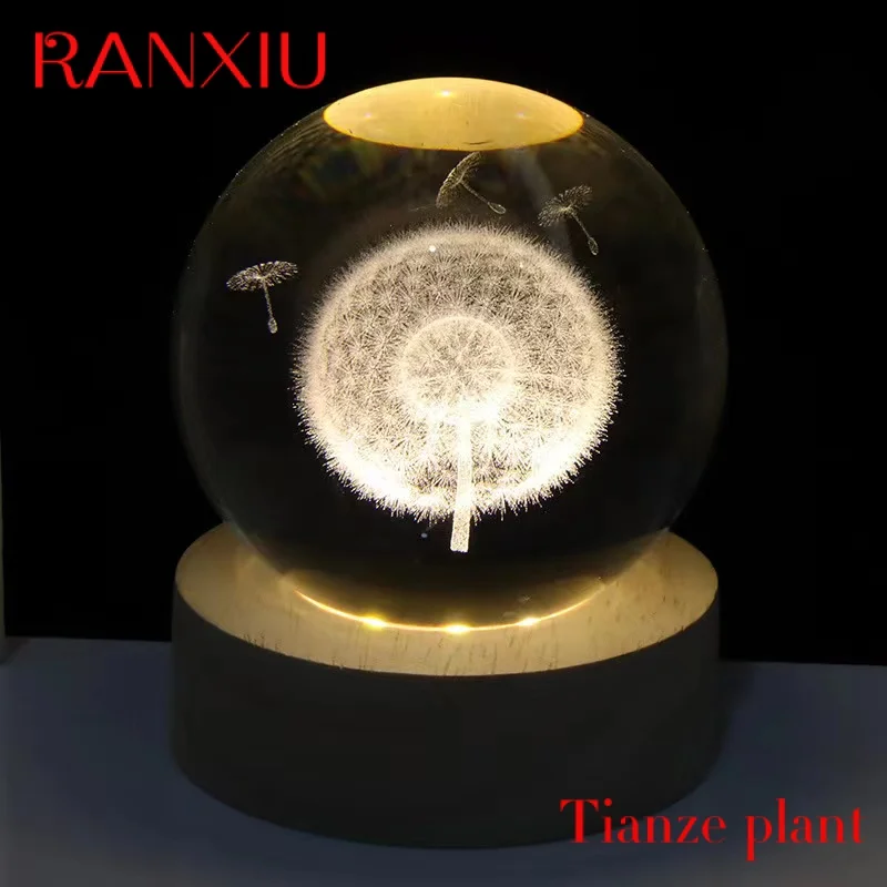 

Custom Table desk children Birthday Custom Gift Wood Base Lamp 3d Laser Engraved Dandelion Crystal Ball Night Light