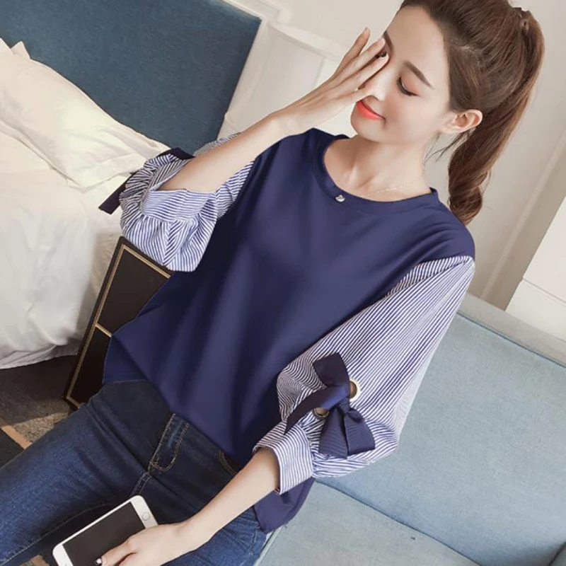 

2022 New Spring Summer Women Bow Chiffon Blouse Patchwork Shirts Office Lady Lantern Sleeved Solid Loose Casual Tops 0.2