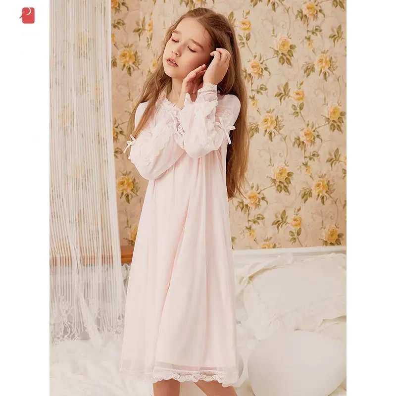 Girls Nightgown French Court Tulle Pajamas For Children Girl Sleepwear White Nightdress Girls Nighty Cotton Lace Nightwear Girl