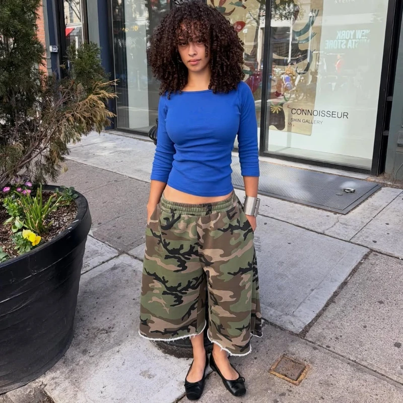 Y2K American Camo Shorts Camouflage Pattern Rough Edge Tassel Sweatshorts New Summer High Street Streetwear Unisex Baggy Shorts 2