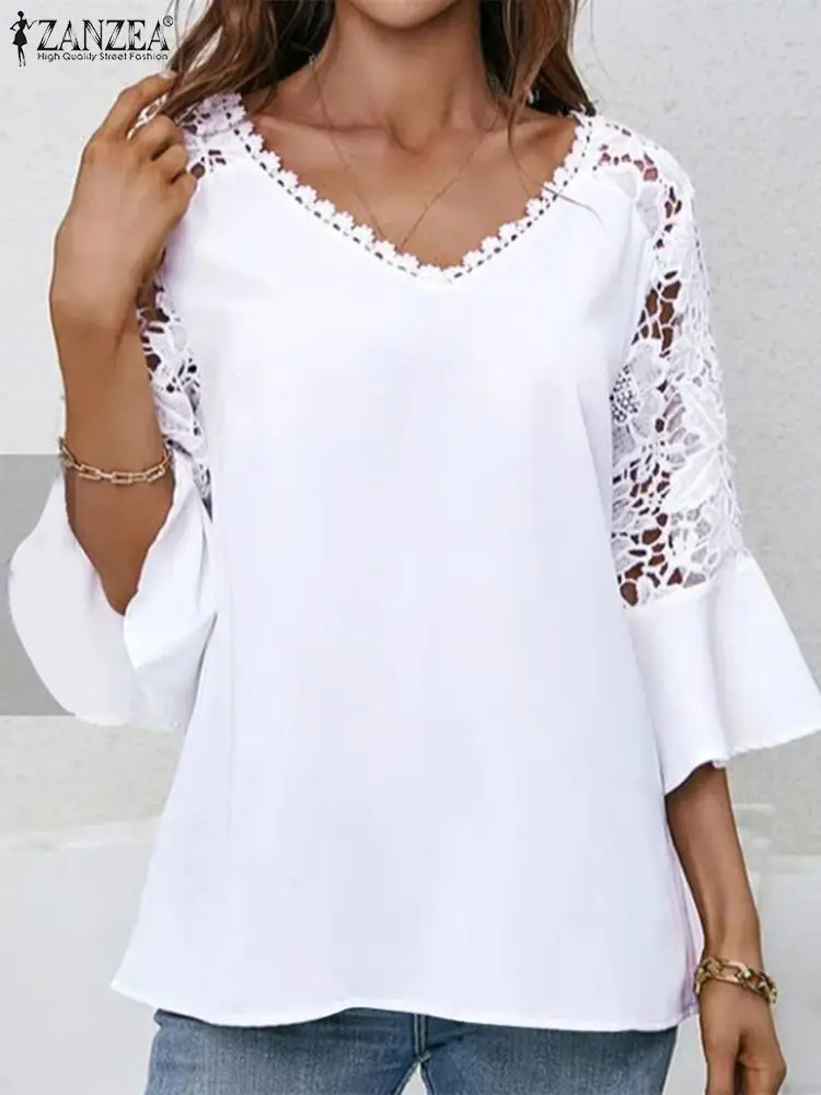 

ZANZEA Summer Elegant Blouse Bohemain Lace Crochet Shirt Women V Neck 3/4 Sleeve Party Tops Casual Holiday Work Blusas Tunic