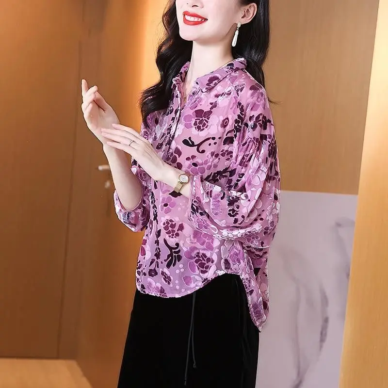 

Spring Autumn New Women's Printed Polo-Neck Button Spliced Irregular Swallowtail Hem Fashion Casual 3/4 Sleeve Chiffon Shirt