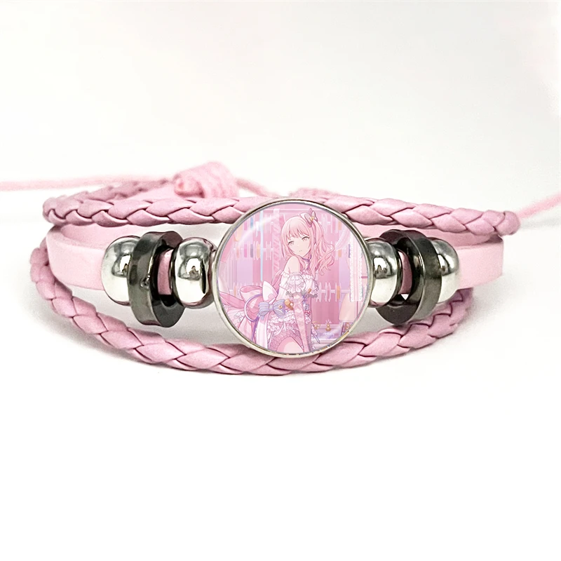 Project SEKAI Anime Akiyama Mizuki Nightcord Pink Leather Bracelet Glass Cabochon Button Multilayer Bangles Wristband Gift