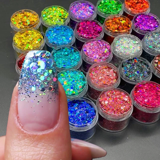 24 Colors Holographic Chunky Glitter 24 Colors Total Laser Nail Glitter  Flakes Chunky Holographic Laser Nail Glitter