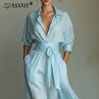 Bohemian Elegant Lace-up High Waist Long Dress Woman New Turn-down Collar Hollow Party Dress Spring 3/4 Sleeve Pocket Maxi Dress
