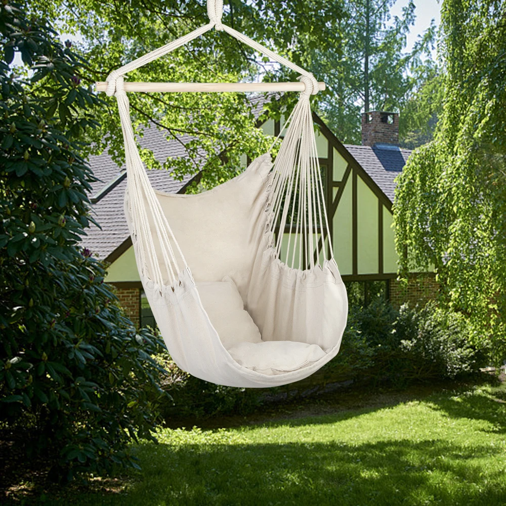Distinctive Cotton Canvas Hanging Rope Chair With Pillows Beige Garden Furniture 4