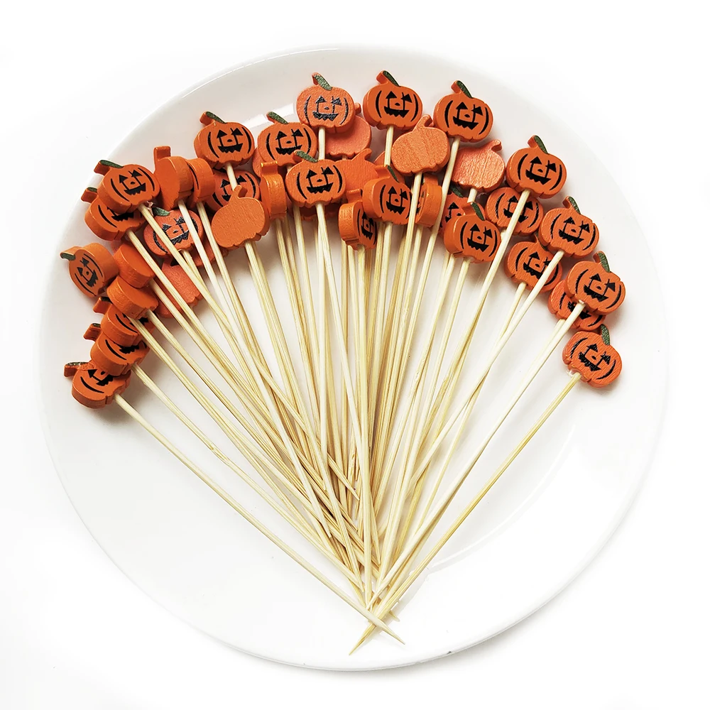 100 Stücke Halloween Kürbis Bambus Spieße Obst Gabel Dessert Salat Gemüse Einweg Sticks Zahnstocher Spieß Halloween Decor – Detail 4