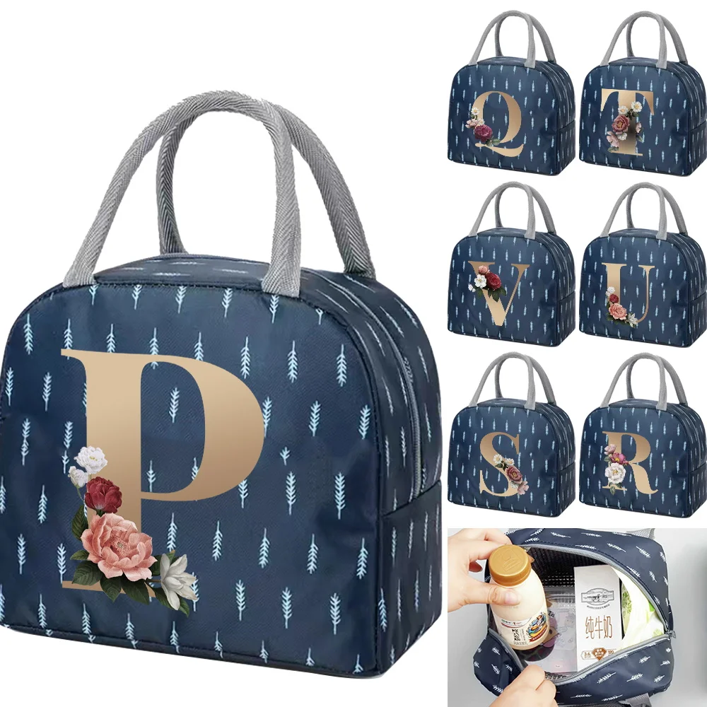 

Insulated Canvas Lunch Bag for Kid Boys Zipper Printing Gold Letter Portable Blue Cute Tote Bags Waterproof Bento