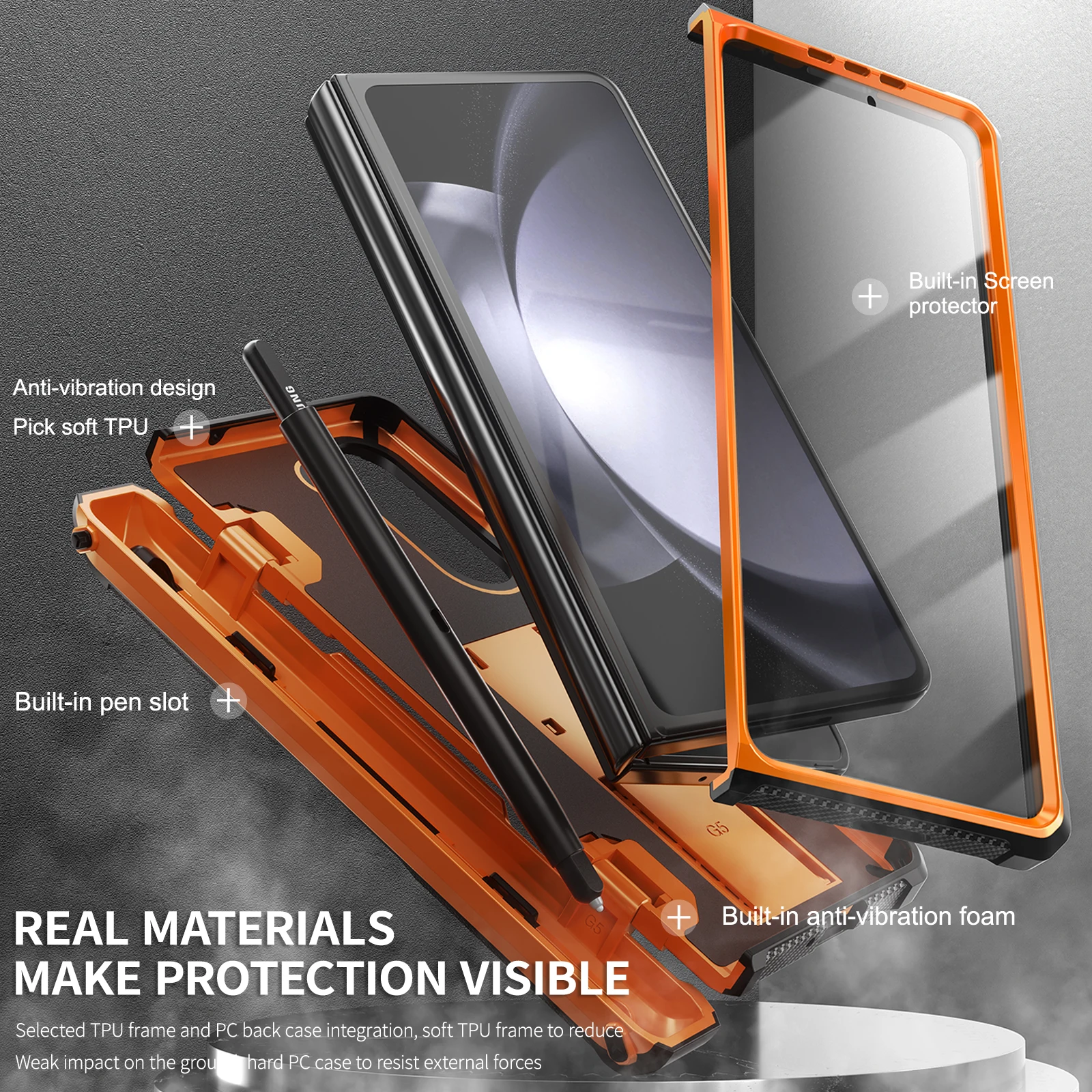 Premium Phone Case with S-Pen Holder & Kickstand - Hinge Protection & Built-In Screen Protector