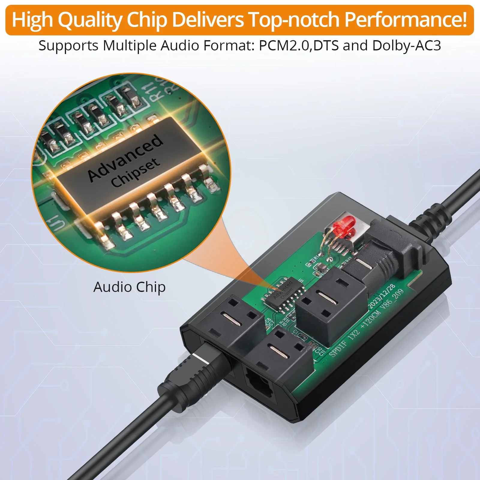1 In 2 Out Toslink Optical Digital Audio Splitter with 1m Male 3ft Optical Cables Support PCM2.0/DTS/Dolby-AC3 For HDTV PS5 Xbox