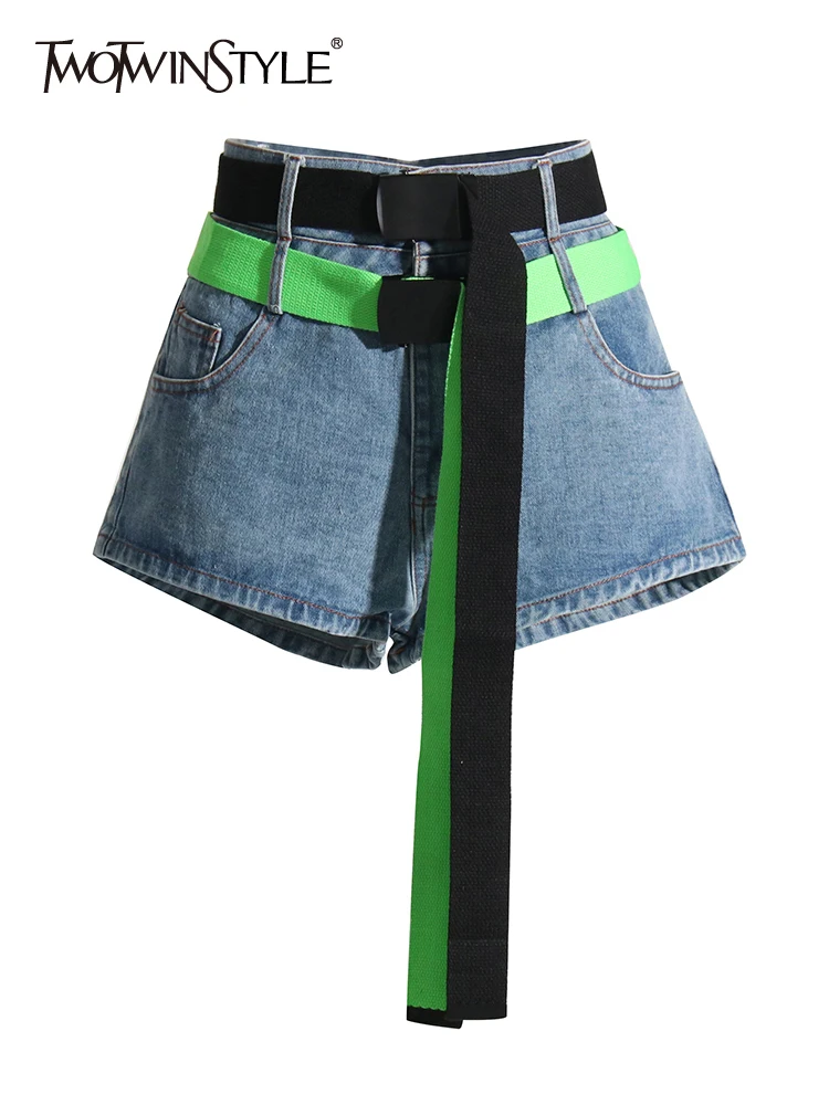 

TWOTWINSTYLE Hit Color Denim Shorts For Women High Waist Patchwork Lace Up Pocket Temperament Short Pant Female Summer Clothes