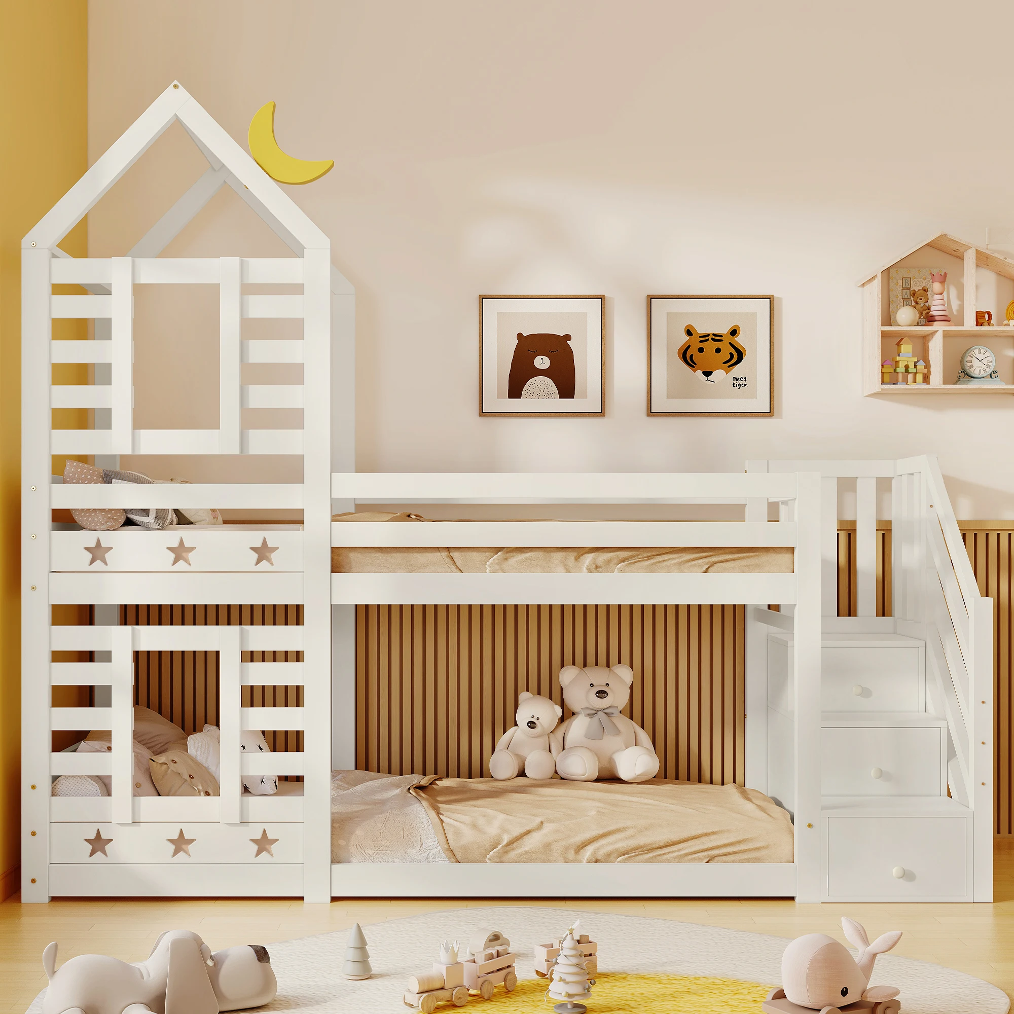 Kinderbett, Etagenbett Baumhaus mit Schubladen und Absturzsicherung 90 x 200 cm, Hochbett für Kinder – 2x Lattenrost – weiß – Detail 12