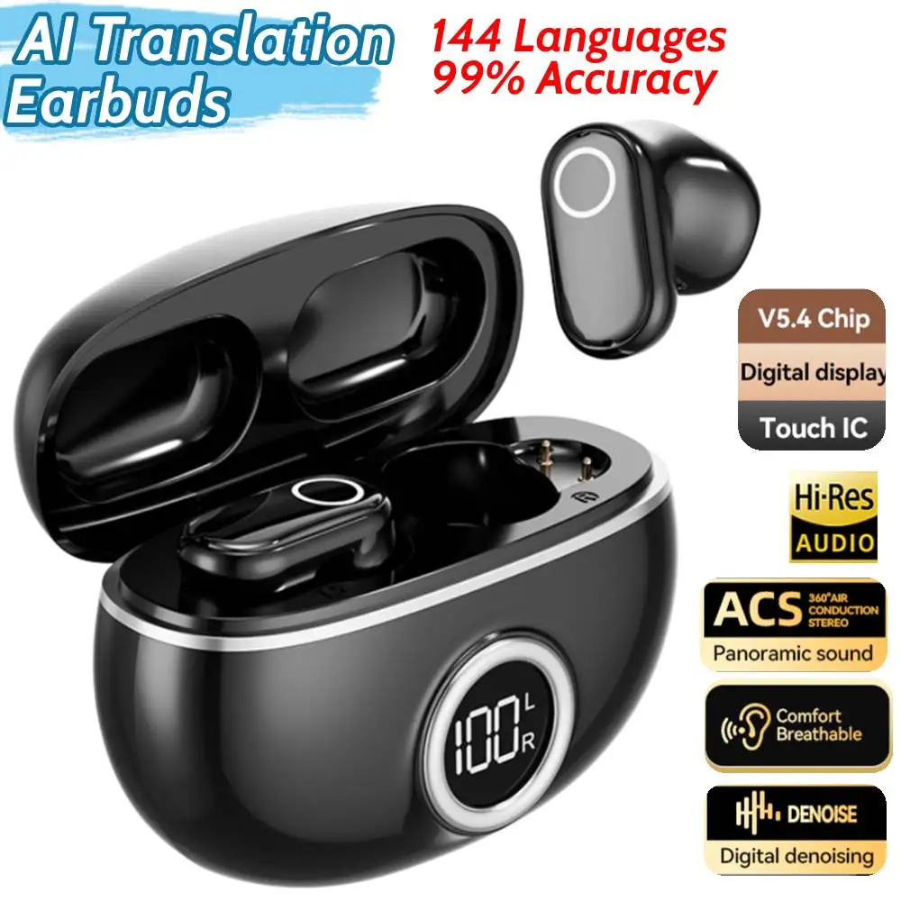 Wireless BT5.4 Real Time Translator Earbuds 144 Languages Translation 99% Accuracy HIFI HD Voice Touch Control Headset