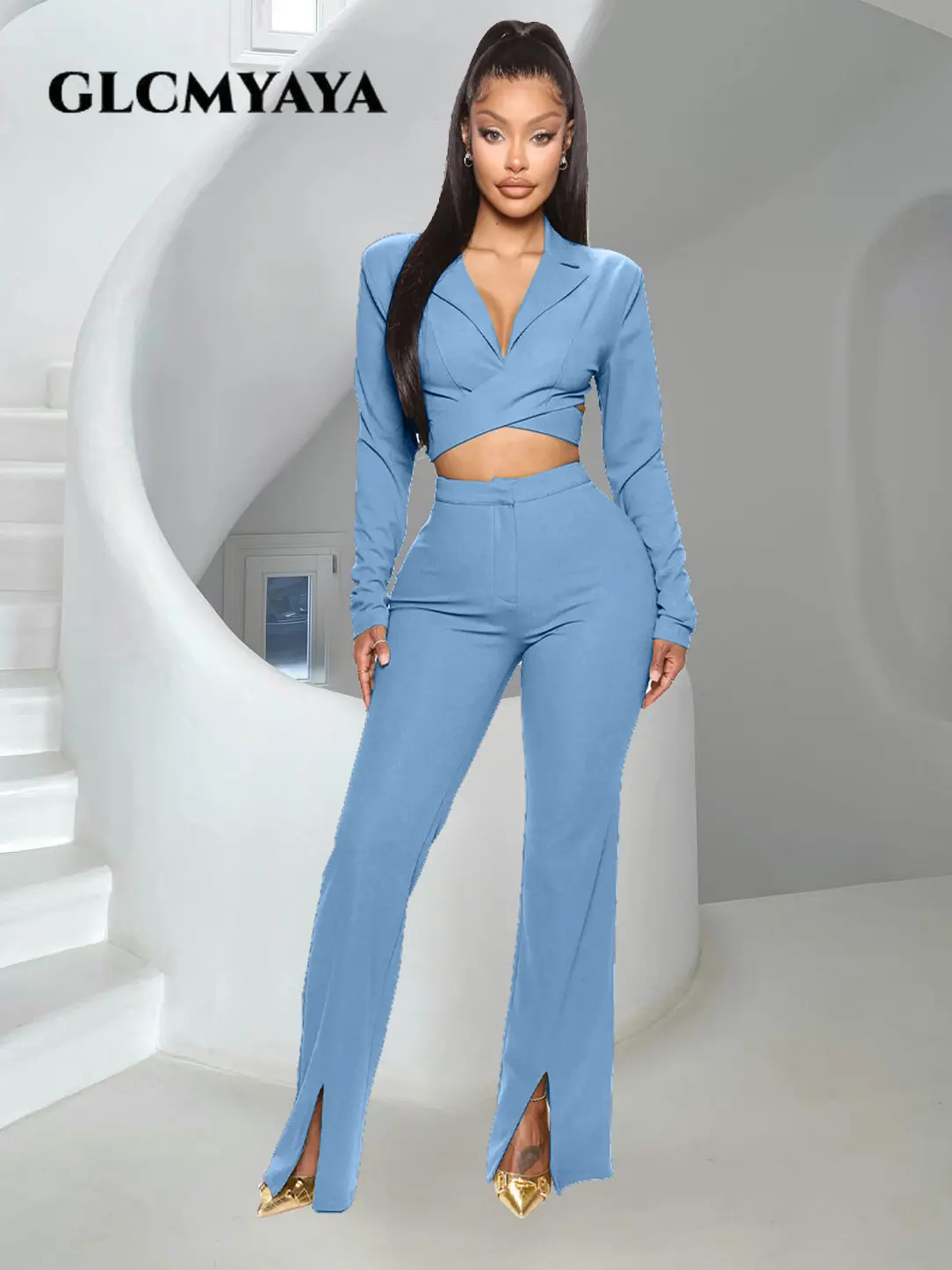 Glcmyaya Women Tie Back Bowknot Blazer Suit And Slit Hem Flare Pants Two 2  Piece Set Female Fashion Chic Outfits Autumn Winter - Pant Suits -  AliExpress