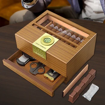 Cigar Box Humidor with Hygrometer and Humidifier, Cedar Wooden Case with Drawer, Divider, Length Gauge, Desktop Humidor Box Gift 1