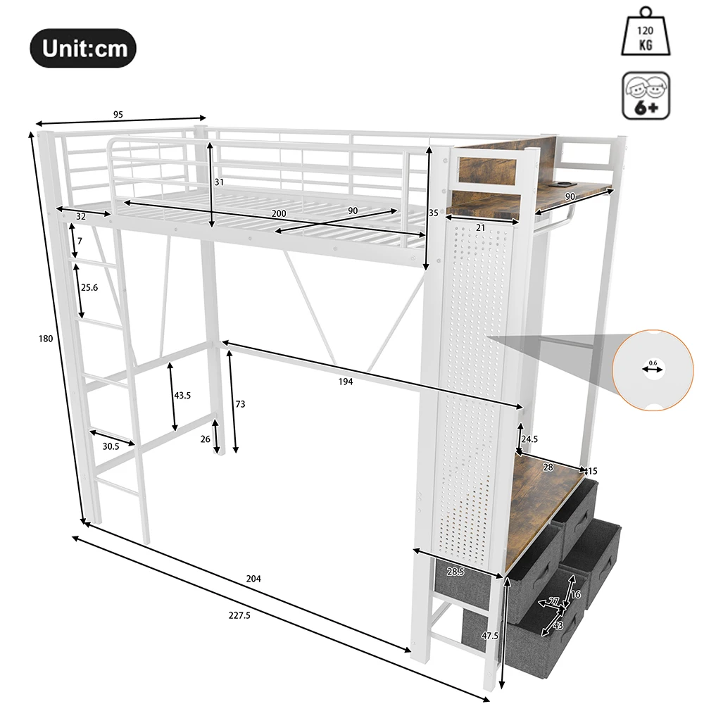 KOMHTOM Hochbett 90x200cm Eisenrahmen mit LED-Leiste, USB+TYPE-C Steckdose, 4 Schubladen – Detail 9