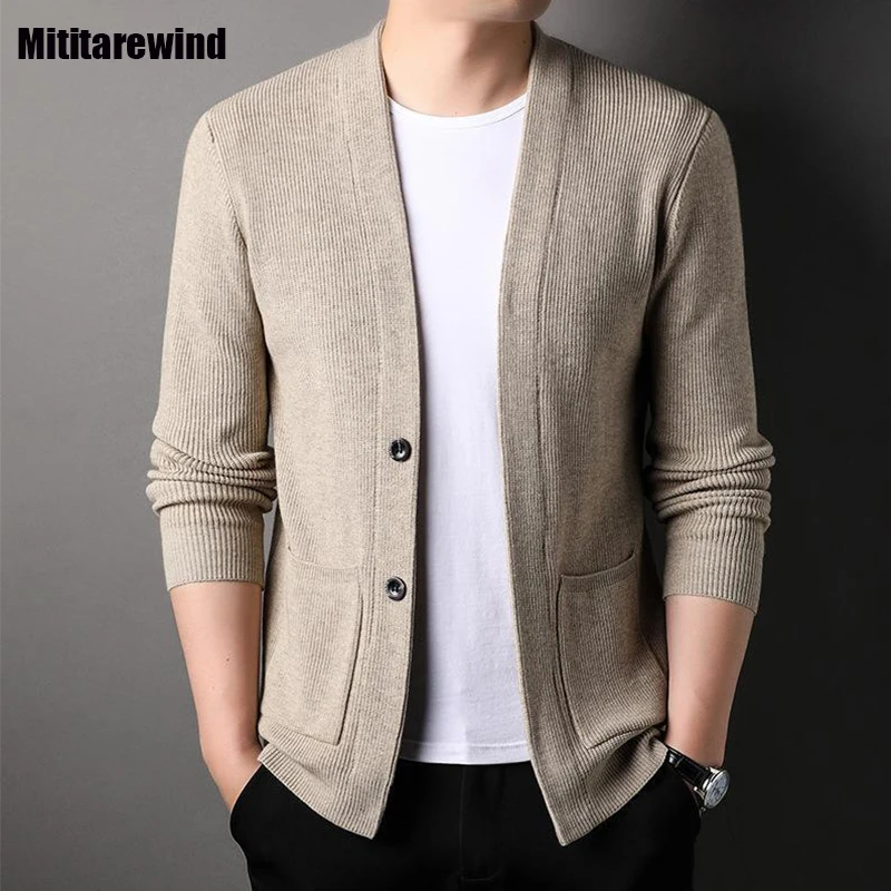 

Spring Autumn Pure Cotton Sweater Men Korean Fashion Office Causal SweaterCoat Solid V-neck Knit Sweater Simple Slim Cardigan