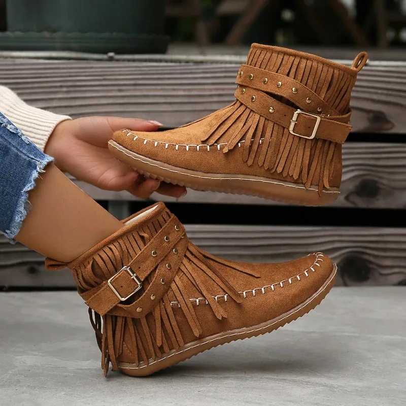 

2023 Winter New Retro Tassel Women's Boots Side Zipper Rivets Flat Shoes Comfort Round Toe Non-slip Ankle Boots for Women Botas