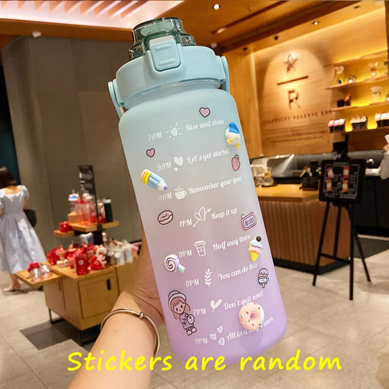 2l Large Capacity Water Bottle Straw Cup High Temperature Plastic Water Cup  Time Scale Frosted Outdoor Sports Student Couple Cup