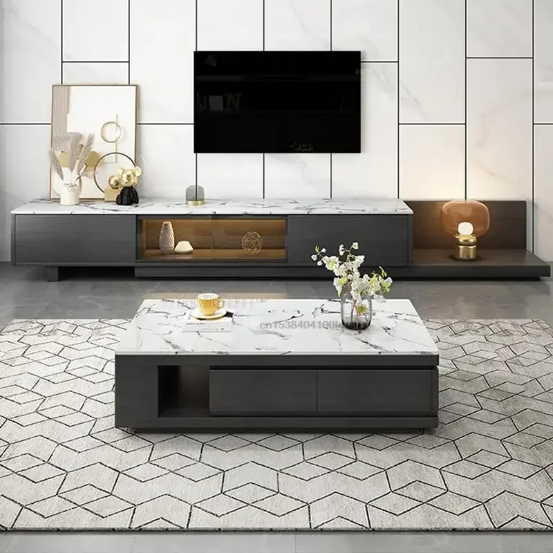 

Simple Marble TV Cabinet Coffee Table Combination Multifunctional TV Table With Led Lights For Large Apartment Home Furniture