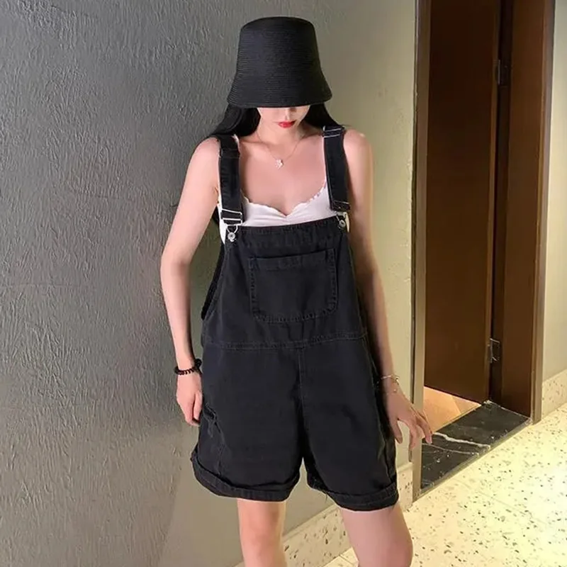 

Coveralls Denim Short Women Baggy Vintage Black Korean Summer Casual High Waist Washed Straight Jean Shorts Oversized Loose