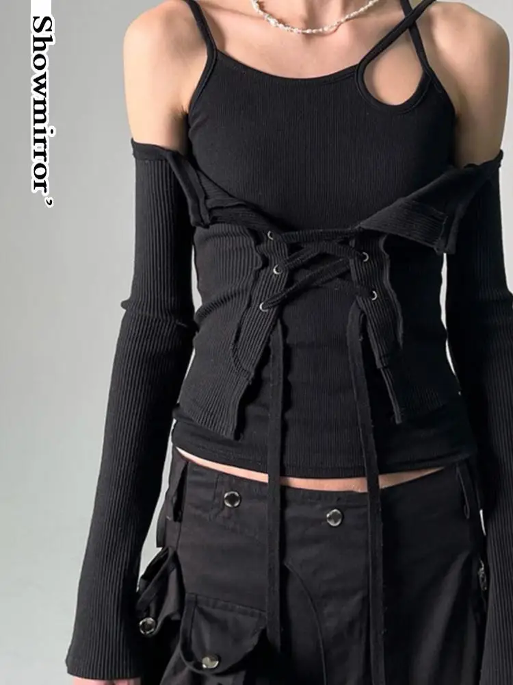 

hollow out Two Piece T-shirt Chic Asymmetrical Camisole Tie Up Long Sleeve Crop Top Knitted Clothes Gothic Punk Tees shirt