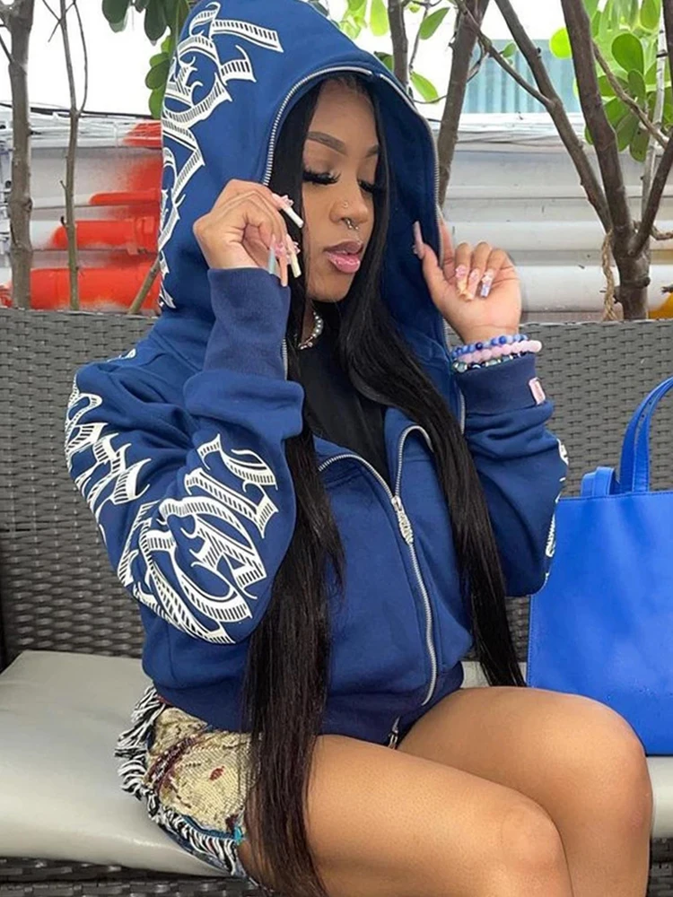 Streetwear Letter Printed Women Hoodie Jackets Zip Up Long Sleeve Gothic Punk Y2k Winter Ladies Clothes Vintage Graphic 90s Top | Женская