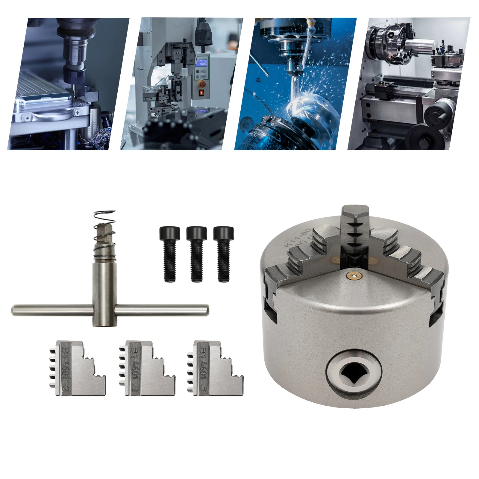 80mm/100mm/125mm 3-Jaw Self-Centering Chuck Adjustable Lathe Chuck Tools Set with Wrench for Clamping Milling Drilling Turning