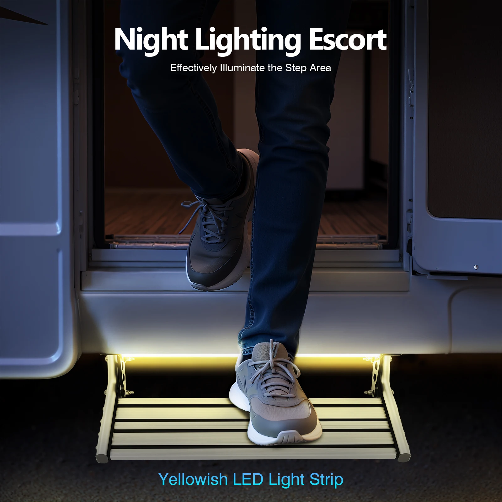 Manuelle Wohnmobil-Treppe mit LED-Beleuchtung, 44 cm, klappbare Wohnmobil-Treppe, 150 kg Tragkraft, 12 V, zur Verwendung in Wohnmobilen, Campingfahrzeugen und Wohnwagen – Detail 3