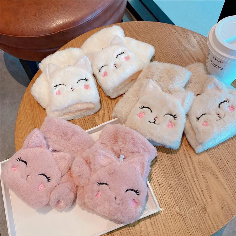 플러시 고양이 토끼 장갑 플러시 손가락없는 장갑, 겨울 사이클링 장갑, 부드럽고 따뜻한 두꺼운 장갑, 여자 반 손가락 장갑