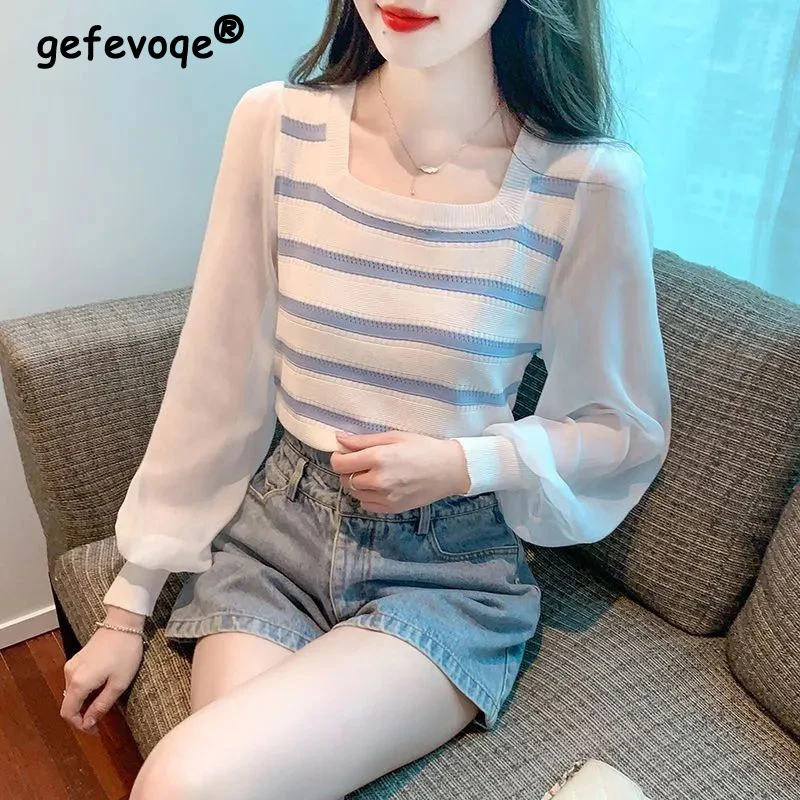 Women's Clothing 2023 Spring Autumn Square Collar Striped Patchwork Knitted Blouses Trendy Long Sleeve Chic Sweet Pullover Tops