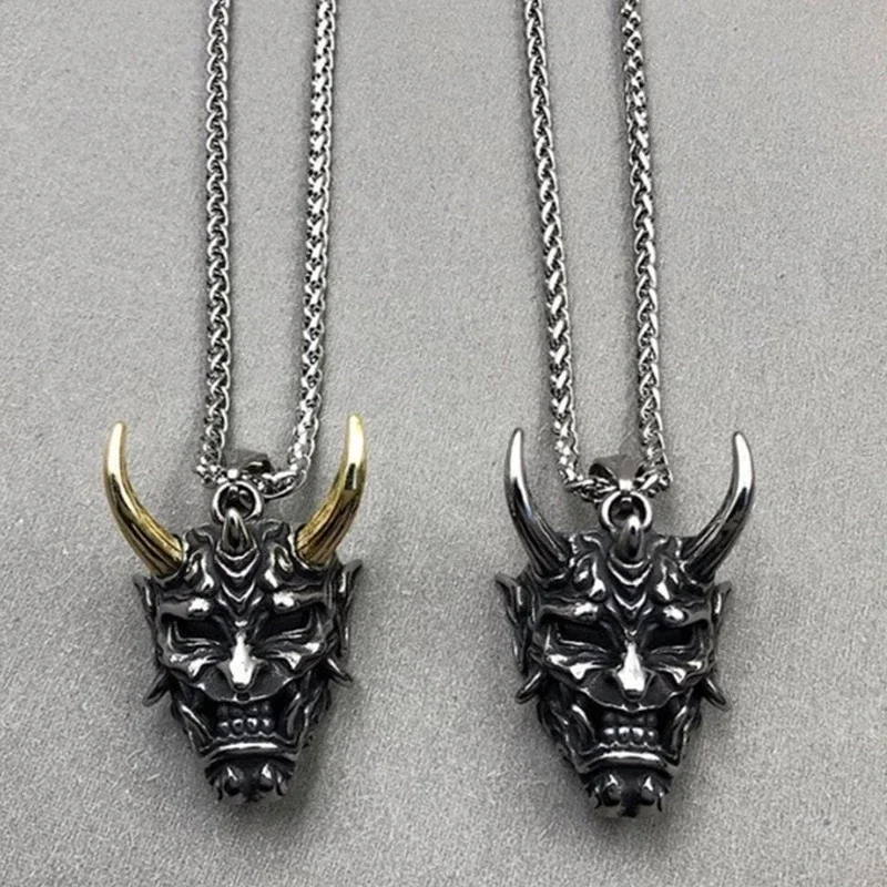 Gothic Anger Hannya Ghost Skull Mask Pendant Accessories Retro Jewelry Gift Necklace Samurai Devil Masks Neck Chain for Friend
