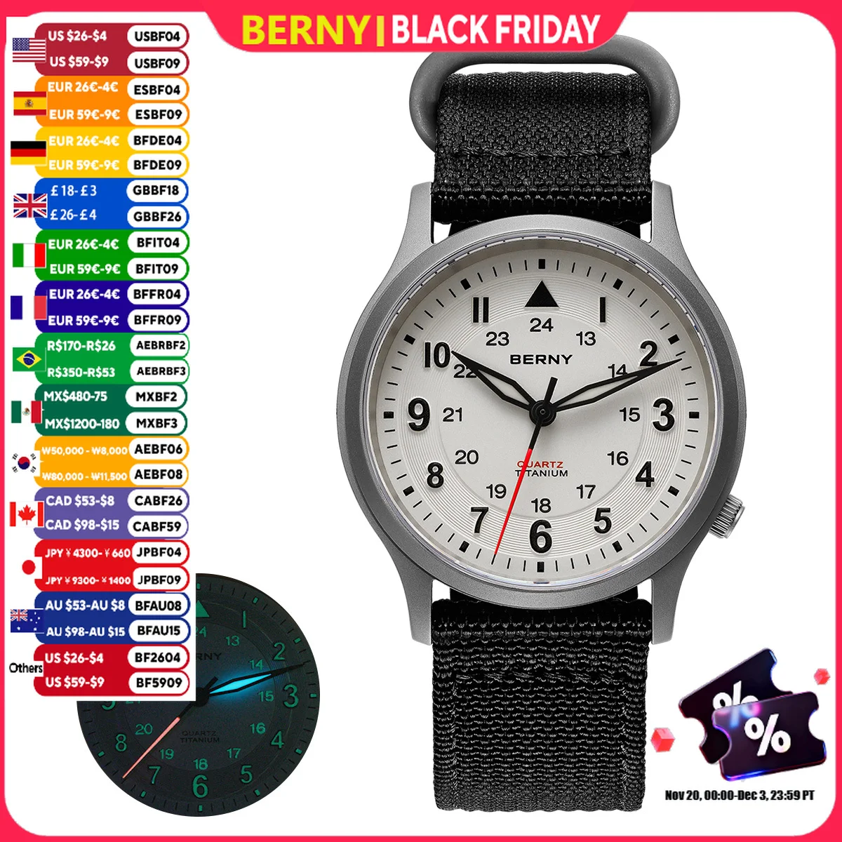 BERNY チタン腕時計男性用クラシックメンズフィールドパイロット