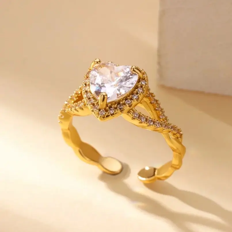 Zircon Heart Wedding Rings Stainless Steel Gold