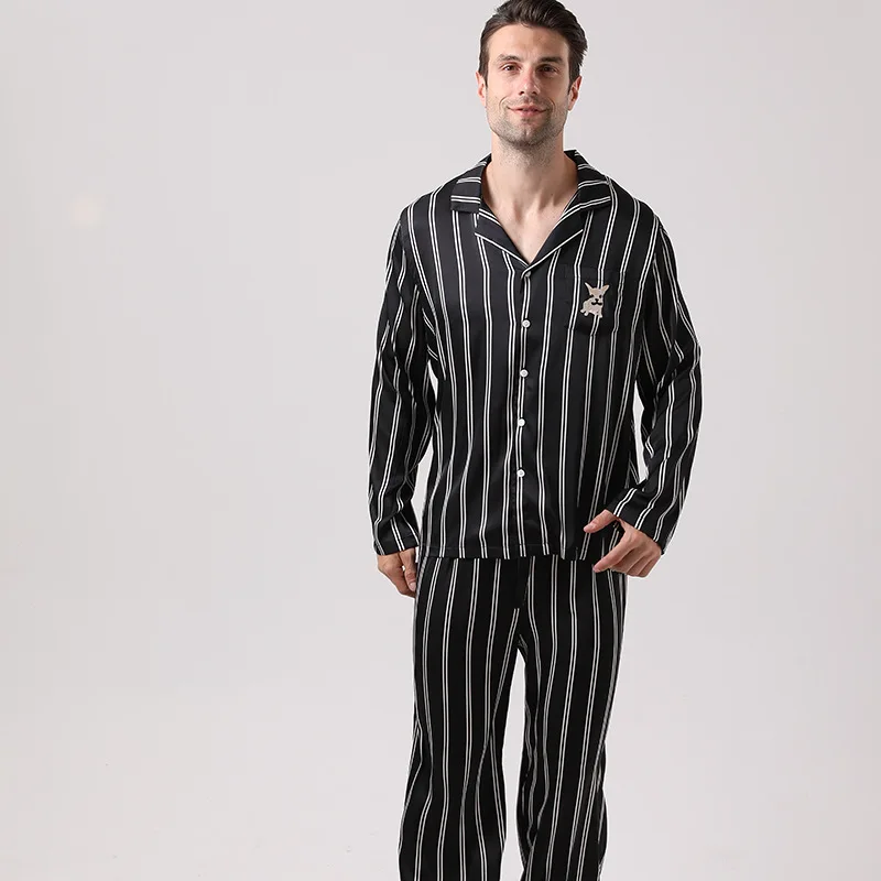 

Black Striped Silk Pajamas for Men Long Sleeve Puppy Embroidered Satin Pijamas Male Sleepwear Fashion Loungewear DropShipping