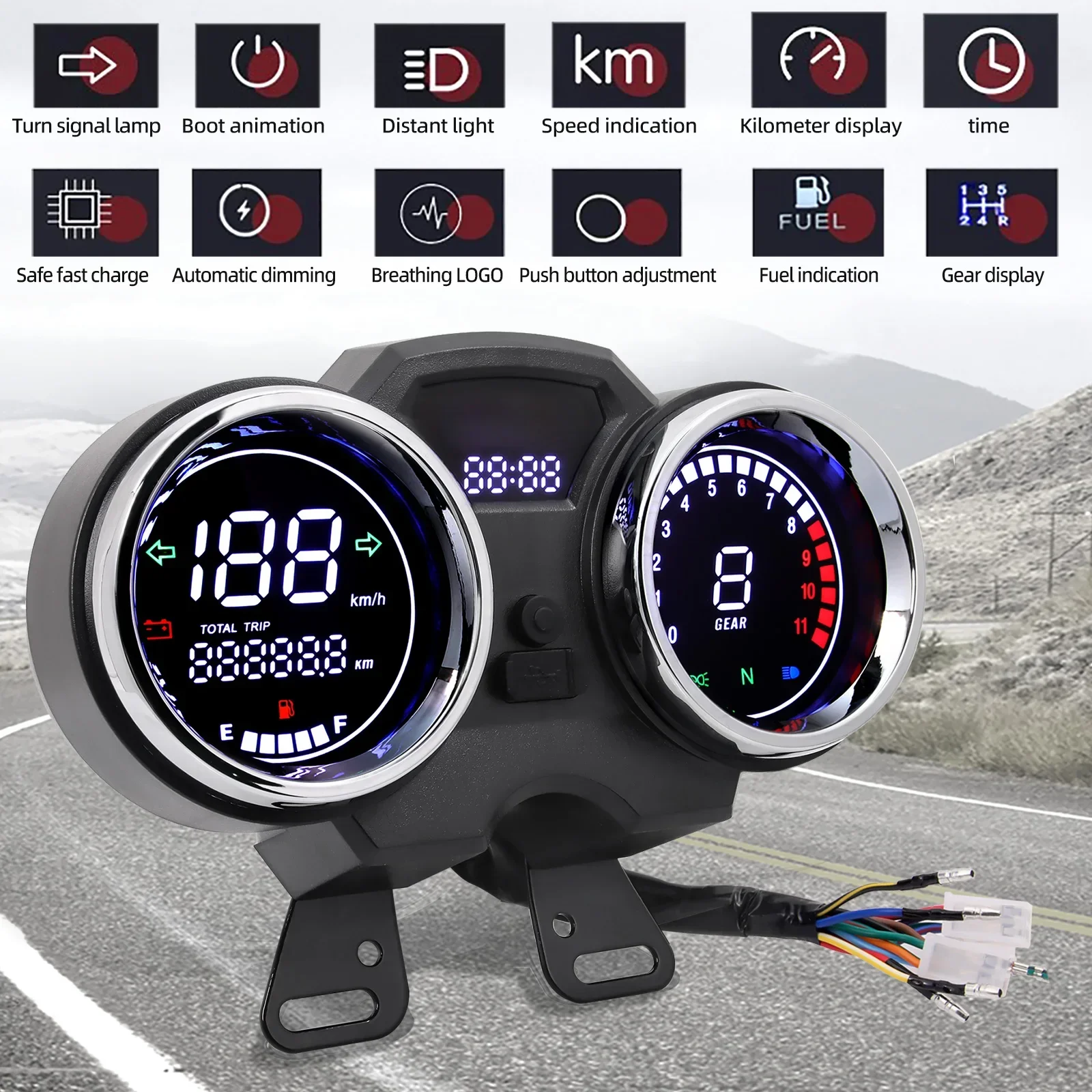 Universal Motorcycle LCD Digital Speedometer Tachometer Dashboard