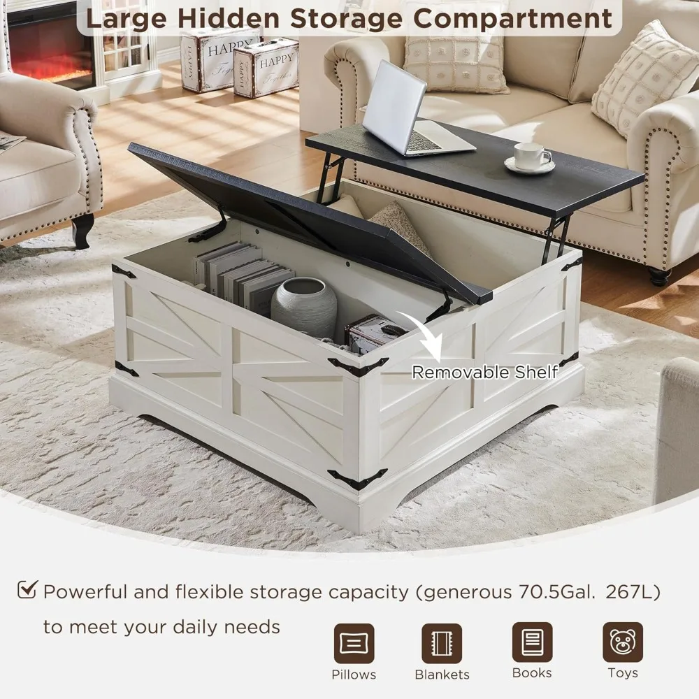 Farmhouse Lift Top Coffee Table with Storage, 36" Wood Square Center Table with Large Hidden Compartment 5