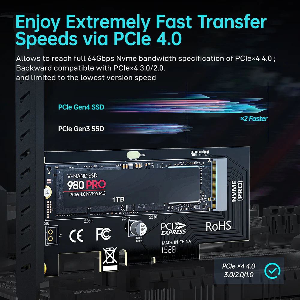 Nvme para Pcie Adapter Card Dissipador Ssd 64gbps Ssd Pcie 4.0 x4 Cartão de Expansão para pc Desktop Gen4 Gen3 Gen2 Jeyi-m.2 - Imagem 5