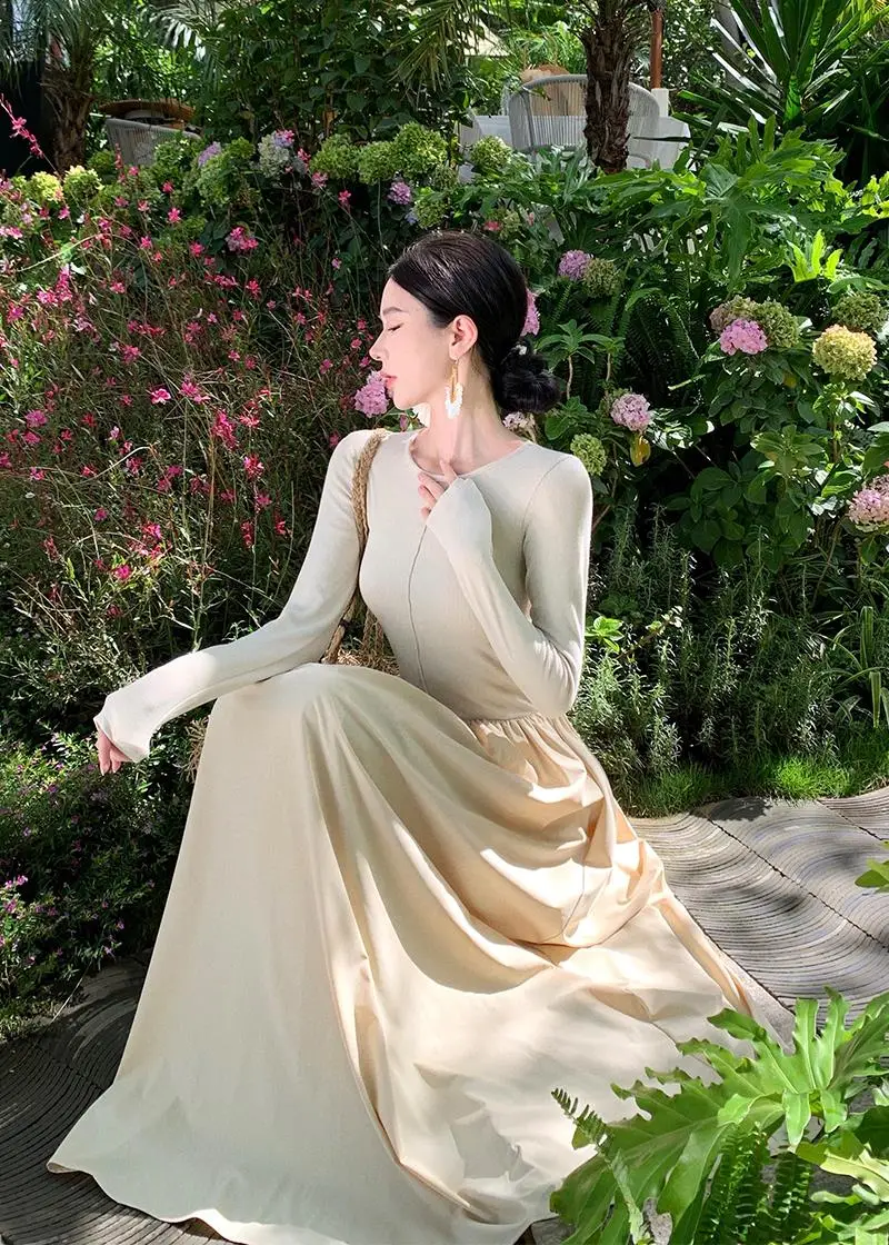 Vestidos largos informales de retazos para mujer, cuello redondo, mangas largas, corte en A, otoño primavera, moda coreana, vestidos de una pieza para mujer, nuevos